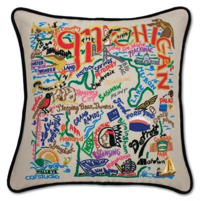 Michigan Hand Embroidered CatStudio Pillow