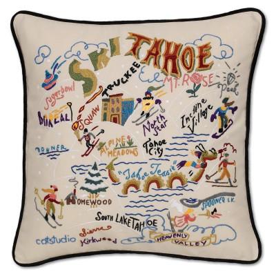 Ski Tahoe Hand Embroidered CatStudio Pillow