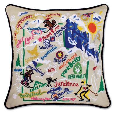 Ski Utah Hand Embroidered CatStudio Pillow