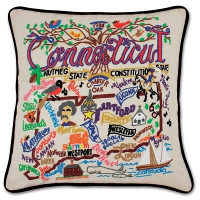 Connecticut Hand Embroidered CatStudio Pillow