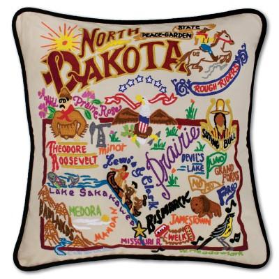 North Dakota Hand Embroidered CatStudio Pillow