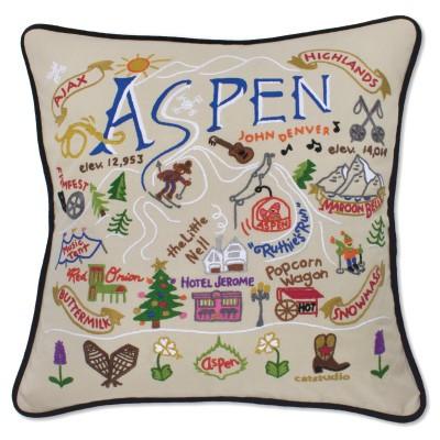 Ski Aspen Hand Embroidered CatStudio Pillow