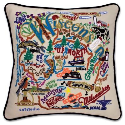 Wisconsin Hand Embroidered CatStudio Pillow